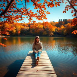 A stunning landscape featuring a serene lake surrounded by vibrant autumn trees with leaves in shades of orange, red, and yellow