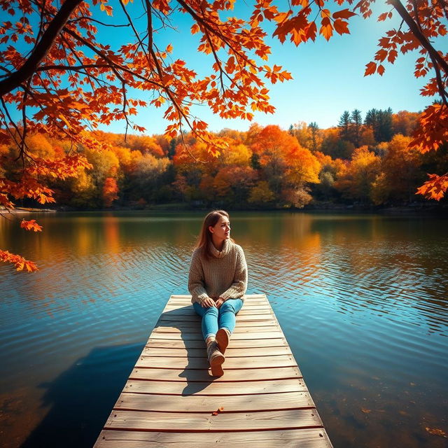 A stunning landscape featuring a serene lake surrounded by vibrant autumn trees with leaves in shades of orange, red, and yellow
