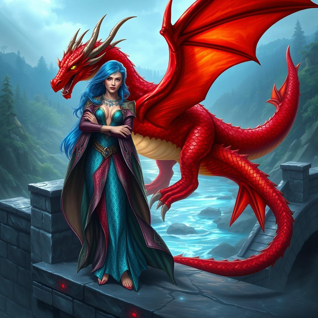 A female merfolk wizard with striking blue hair standing confidently on a grand stone bridge