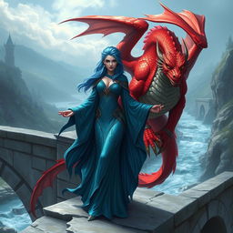 A female merfolk wizard with striking blue hair standing confidently on a grand stone bridge