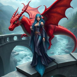 A female merfolk wizard with striking blue hair standing confidently on a grand stone bridge
