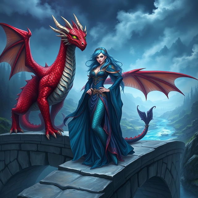 A female merfolk wizard with striking blue hair standing confidently on a grand stone bridge