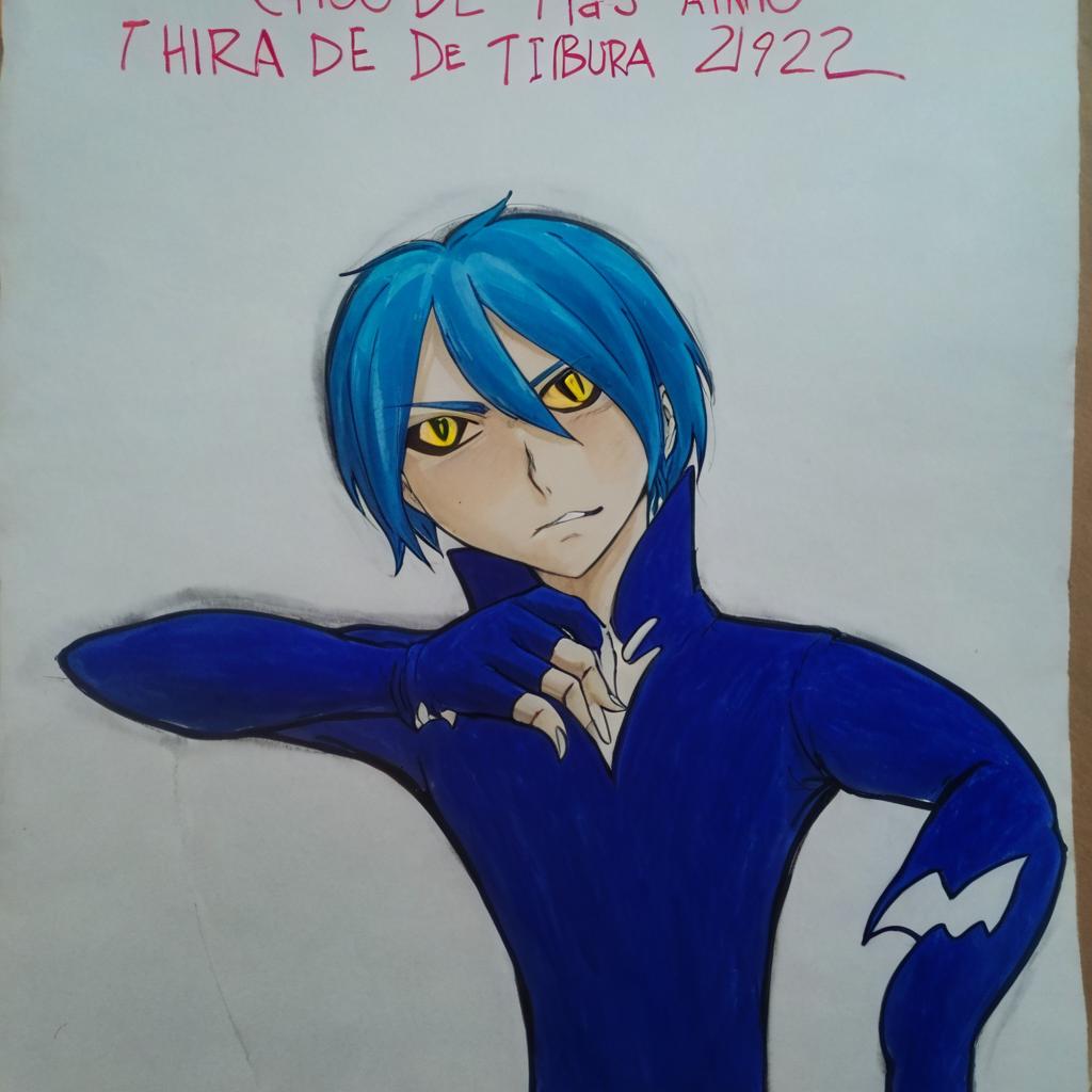 Chico de 19 años con un traje de tiburon, garras en los dedos de las manos,una cola de tiburon,una aleta dorsal,pelo celeste y unos ojos amarillos chilones