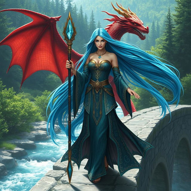 A female merfolk badass wizard standing confidently on a majestic stone bridge, her long flowing blue hair billowing in the wind