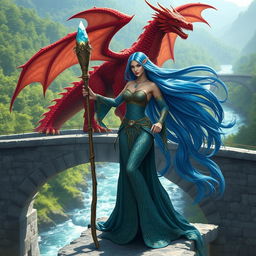 A female merfolk badass wizard standing confidently on a majestic stone bridge, her long flowing blue hair billowing in the wind