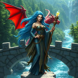 A female merfolk badass wizard standing confidently on a majestic stone bridge, her long flowing blue hair billowing in the wind