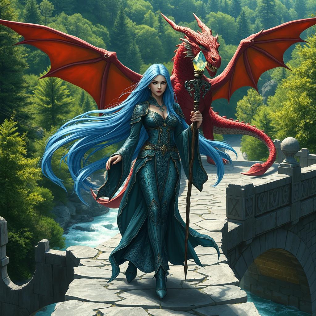 A female merfolk badass wizard standing confidently on a majestic stone bridge, her long flowing blue hair billowing in the wind