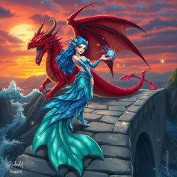 A powerful female merfolk wizard with striking blue hair stands confidently on a stone bridge, casting an enchanting spell