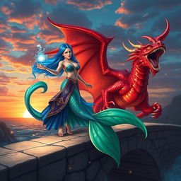 A powerful female merfolk wizard with striking blue hair stands confidently on a stone bridge, casting an enchanting spell