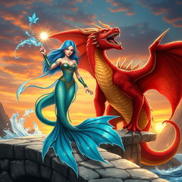 A powerful female merfolk wizard with striking blue hair stands confidently on a stone bridge, casting an enchanting spell