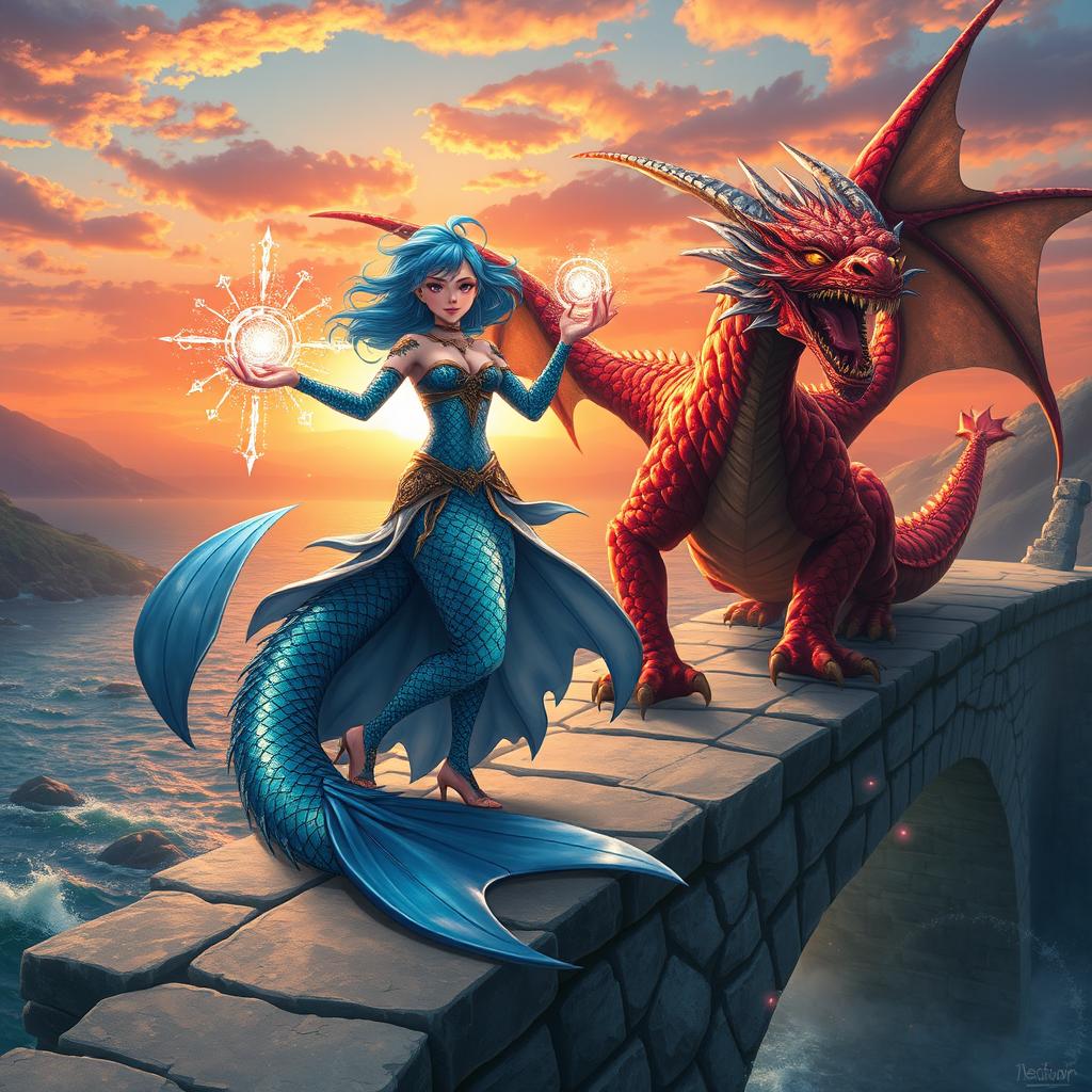 A powerful female merfolk wizard with striking blue hair stands confidently on a stone bridge, casting an enchanting spell