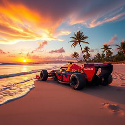 A vibrant scene depicting a Red Bull RB20 car parked on a picturesque beach during sunset