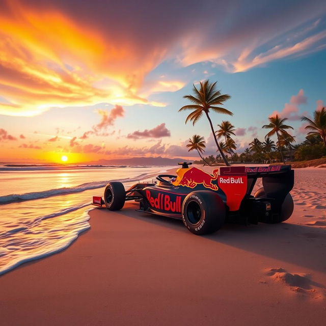 A vibrant scene depicting a Red Bull RB20 car parked on a picturesque beach during sunset