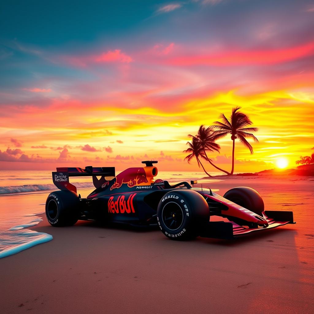 A vibrant scene depicting a Red Bull RB20 car parked on a picturesque beach during sunset