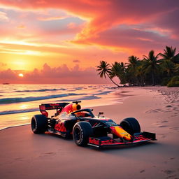 A vibrant scene depicting a Red Bull RB20 car parked on a picturesque beach during sunset