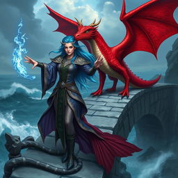 A female merfolk warrior with striking blue hair, casting powerful spells on an ancient stone bridge