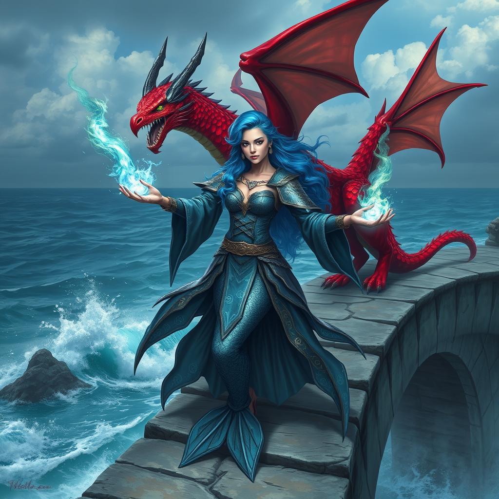 A female merfolk warrior with striking blue hair, casting powerful spells on an ancient stone bridge