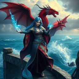 A female merfolk warrior with striking blue hair, casting powerful spells on an ancient stone bridge