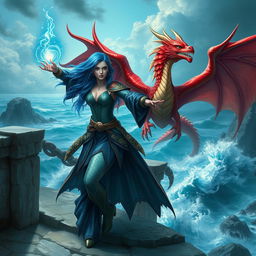A female merfolk warrior with striking blue hair, casting powerful spells on an ancient stone bridge