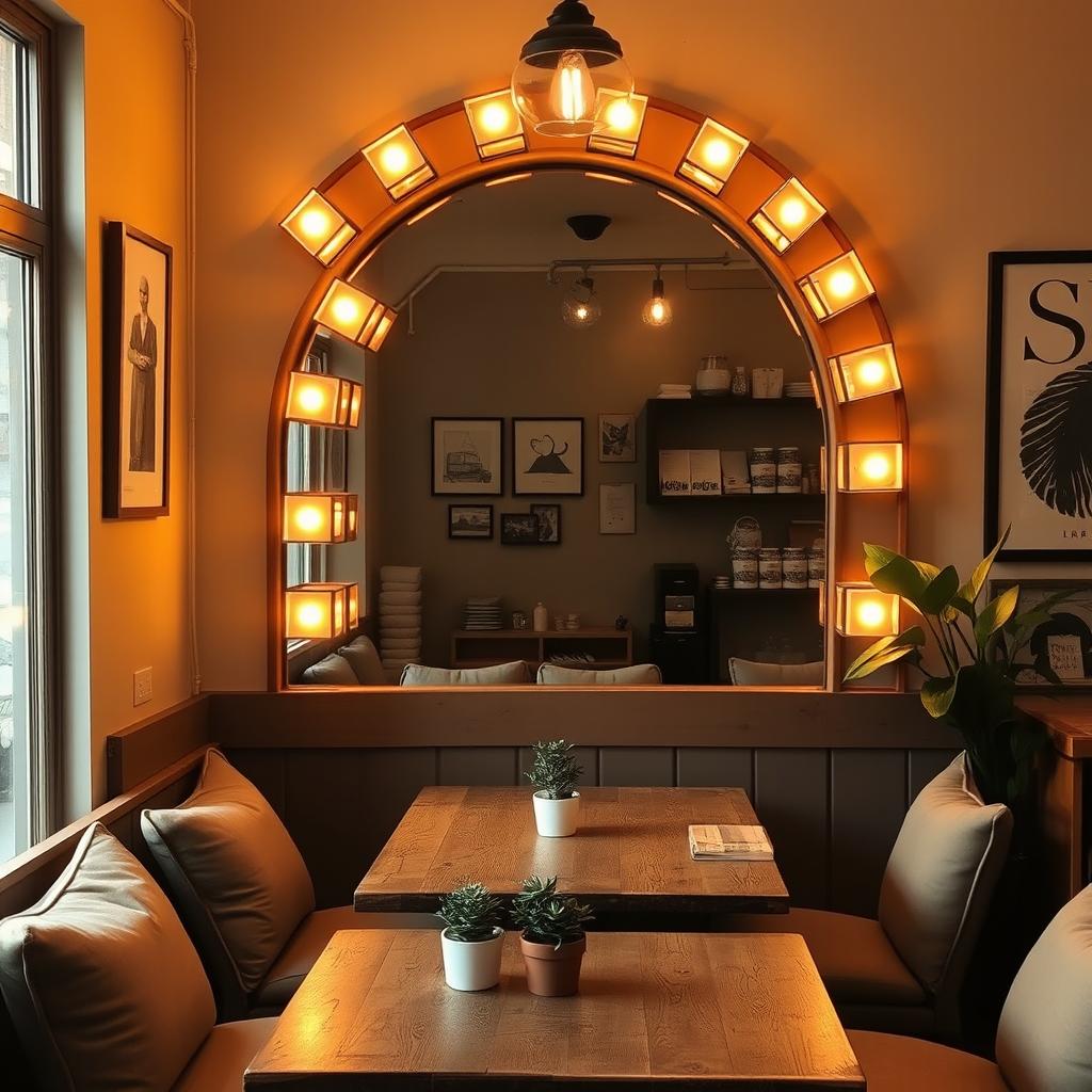 A cozy coffee shop corner featuring a big arch-shaped mirror adorned with glowing light boxes