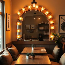 A cozy coffee shop corner featuring a big arch-shaped mirror adorned with glowing light boxes