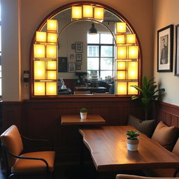 A cozy coffee shop corner featuring a big arch-shaped mirror adorned with glowing light boxes