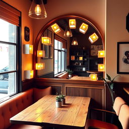 A cozy coffee shop corner featuring a big arch-shaped mirror adorned with glowing light boxes