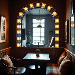 A cozy coffee shop corner featuring a big arch-shaped mirror adorned with glowing light boxes
