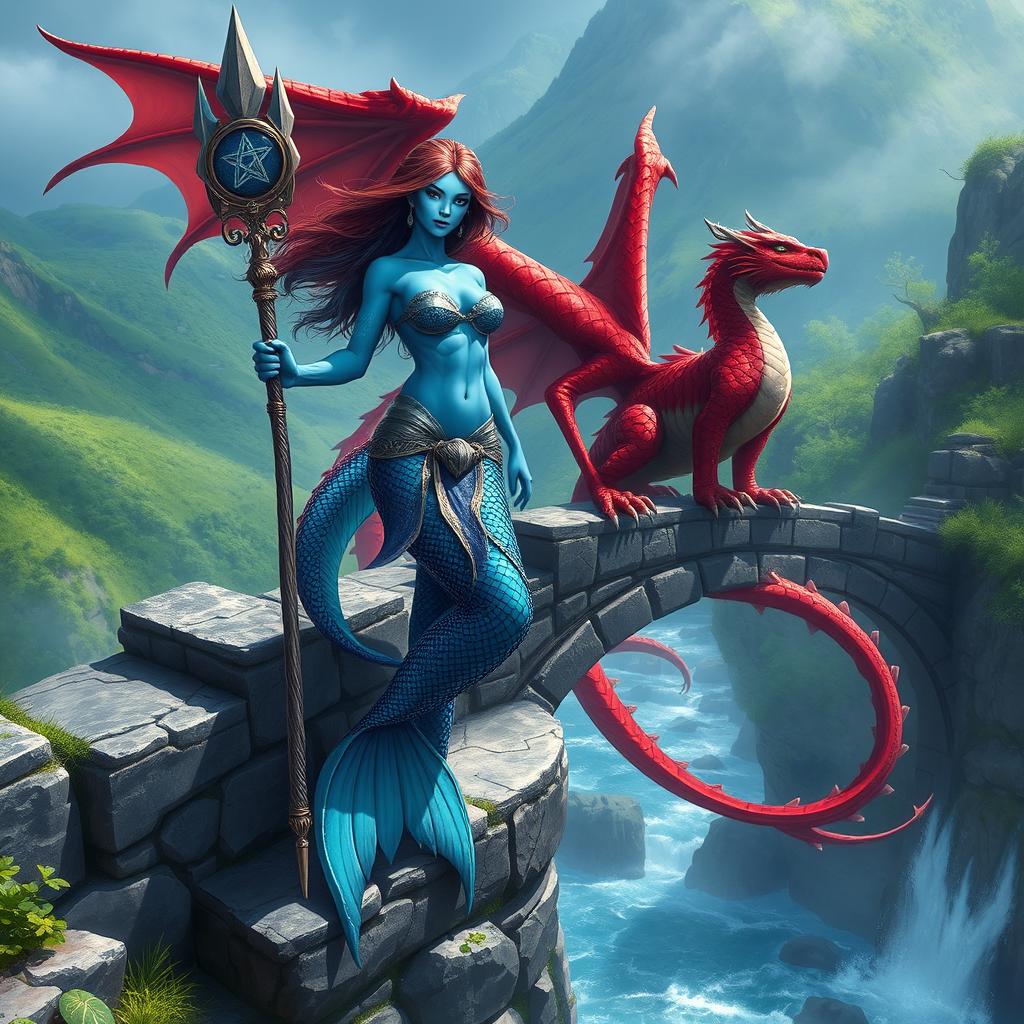 A stunning female merfolk wizard with striking blue skin stands confidently on a majestic stone bridge, wielding a shimmering staff adorned with magical symbols
