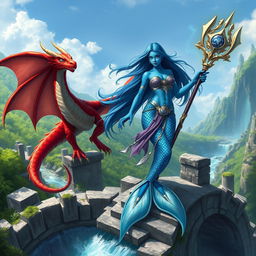 A stunning female merfolk wizard with striking blue skin stands confidently on a majestic stone bridge, wielding a shimmering staff adorned with magical symbols
