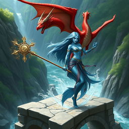 A stunning female merfolk wizard with striking blue skin stands confidently on a majestic stone bridge, wielding a shimmering staff adorned with magical symbols