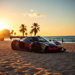 A Red Bull RB20 sports car parked on a sandy beach in Barcelona during the late afternoon