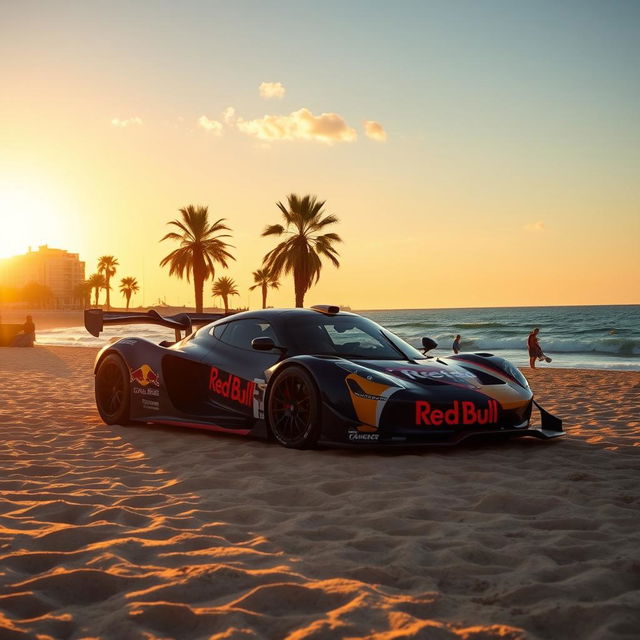 A Red Bull RB20 sports car parked on a sandy beach in Barcelona during the late afternoon