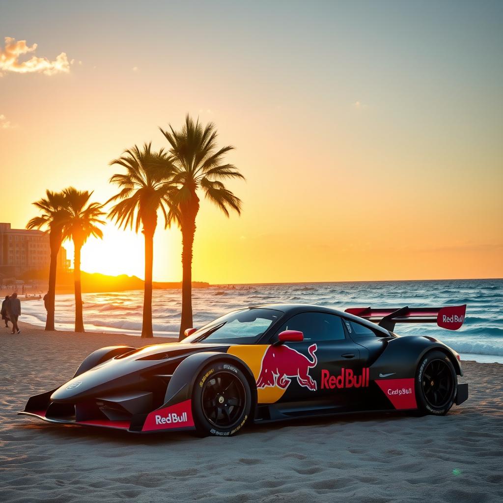 A Red Bull RB20 sports car parked on a sandy beach in Barcelona during the late afternoon