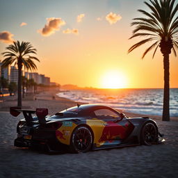 A Red Bull RB20 sports car parked on a sandy beach in Barcelona during the late afternoon