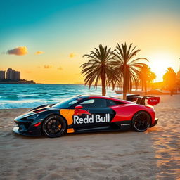 A Red Bull RB20 sports car parked on a sandy beach in Barcelona during the late afternoon