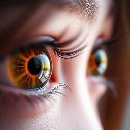A macro close-up of a pair of open eyes, showcasing beautiful vibrant irises in striking colors, reflecting intricate details of light, with long, delicate eyelashes framing the eyes