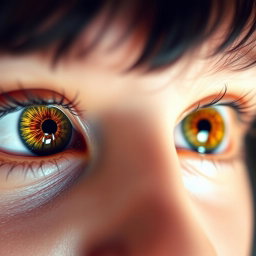 A macro close-up of a pair of open eyes, showcasing beautiful vibrant irises in striking colors, reflecting intricate details of light, with long, delicate eyelashes framing the eyes