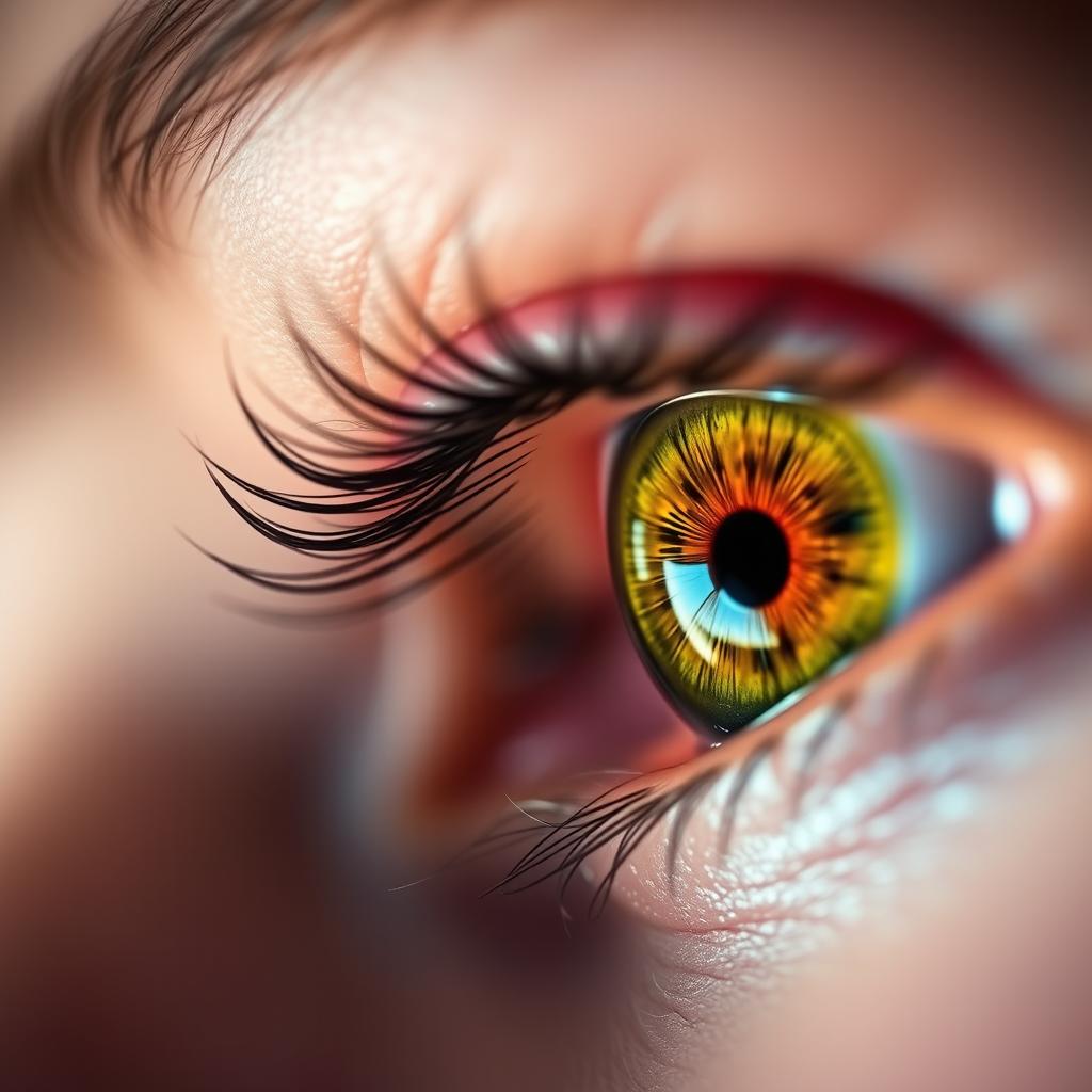 A macro close-up of a pair of open eyes, showcasing beautiful vibrant irises in striking colors, reflecting intricate details of light, with long, delicate eyelashes framing the eyes