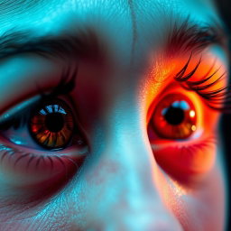 A macro close-up of a pair of open eyes, showcasing beautiful vibrant irises in striking colors, reflecting intricate details of light, with long, delicate eyelashes framing the eyes