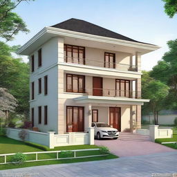 A beautiful two-story house in the Assam design, with a sheet on the first floor and a balcony area.