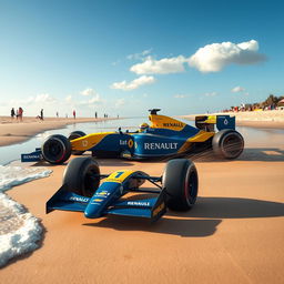 An action-packed scene featuring the Formula 1 car driven by Fernando Alonso during his time with Renault, set on a beautiful beach in the afternoon