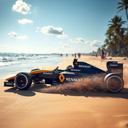 An action-packed scene featuring the Formula 1 car driven by Fernando Alonso during his time with Renault, set on a beautiful beach in the afternoon
