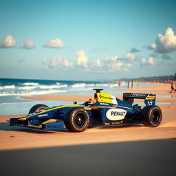An action-packed scene featuring the Formula 1 car driven by Fernando Alonso during his time with Renault, set on a beautiful beach in the afternoon