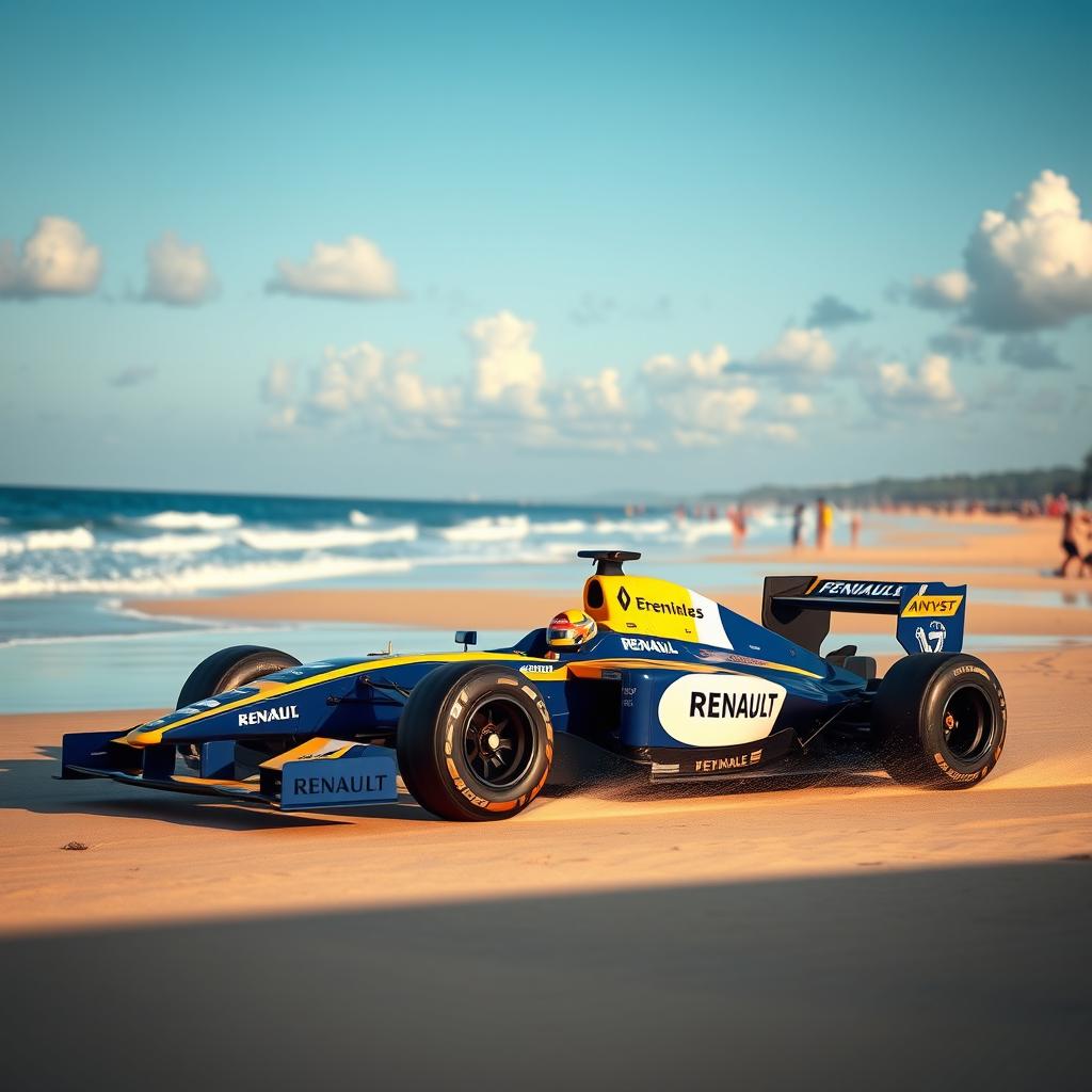 An action-packed scene featuring the Formula 1 car driven by Fernando Alonso during his time with Renault, set on a beautiful beach in the afternoon