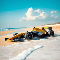 An action-packed scene featuring the Formula 1 car driven by Fernando Alonso during his time with Renault, set on a beautiful beach in the afternoon