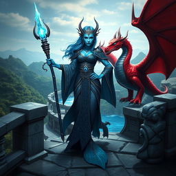 A powerful female merfolk with striking blue skin, standing confidently on a majestic stone bridge