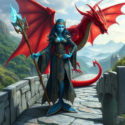 A powerful female merfolk with striking blue skin, standing confidently on a majestic stone bridge