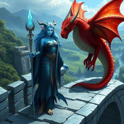 A powerful female merfolk with striking blue skin, standing confidently on a majestic stone bridge