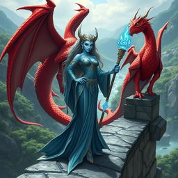 A powerful female merfolk with striking blue skin, standing confidently on a majestic stone bridge